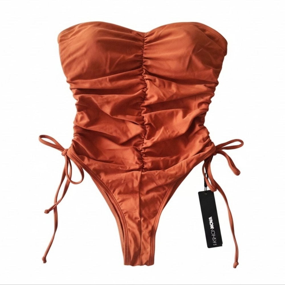 Fashion Nova Rouched Cheeky Strapless One Piece Rust Swimsuit In Size M